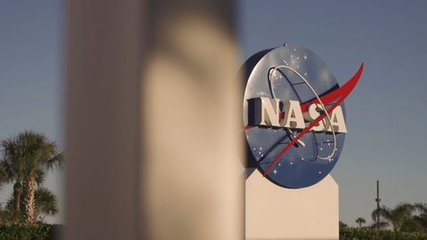 CAPE CANAVERAL, FLORIDA - JANUARY 6th 2020: NASA sign at Kennedy Space center during sunset