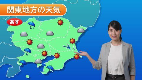 Weather forecast of a TV show. Newscaster. weather forecaster. Japanese translation: "Weather of Kanto region","tomorrow".