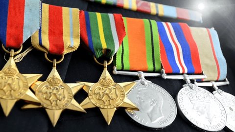 ANZAC Day Australian Army WWII medals with the 1939 - 1945 Star, Africa Star, Pacific Star, Defence Medal, 1939 -1945 Medal and Australian Service Medal. Adelaide, South Australia - February 23, 2017