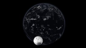 Space view of the sun rising on planet Earth and the moon, going from night to day with cloud formations and city lights . Ultra realistic 3D animation. 4K, 30 fps.