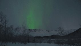 Aurora lights in cold winter, arctic green northern lights. Colour northern lights dancing in dark skies. Burning bright brilliant aurora and stars run through the sky. Time lapse clip. Full HD.