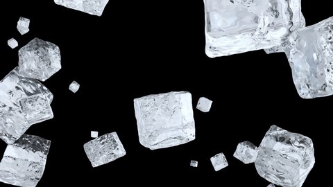 Explosion of realistic 3D render ice cubes with alpha matte. Nice could crystal ice cubes flying around in slow motion. 4k animation footage. 