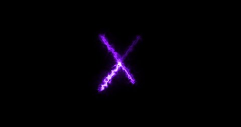 Letter X reveal. Blue, yellow, violet colors smoothly shimmer and form a sign neon electric letter on black background. Animated flickering font symbol. Alphabet concept. 4 in 1