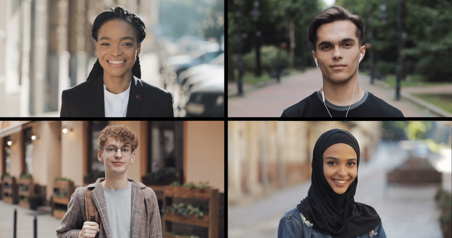 Portrait of multiracial students looking into the camera. Split screen collage of diverse smiling multiracial people. Lifestyle concept. Royalty-Free Stock Footage #1044962995