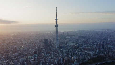 Tokyo Japan  4 Nov 2019 : Aerial view of Tokyo Skytree with Arakawa river and Tokyo city in background.Tokyo Skytree is a broadcasting, restaurant and observation tower in Sumida Japan.