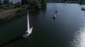 Aerial top view of a sailing yacht regatta. Flying over boats. 4k video	