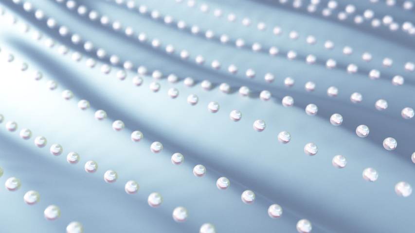 Abstract 3D render of white pearls on liquid waves surface. Cosmetic background. Seamless loop animation. Trendy backdrop.