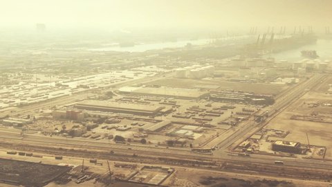 DUBAI, UNITED ARAB EMIRATES - DECEMBER 29, 2019. Aerial view of Jebel Ali port and industrial area