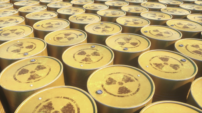 Rows of radioactive chemistry barrels. Storage of metal barrels with nuclear waste. Environment disaster concept. Landfill of radioactive waste. Royalty-Free Stock Footage #1045008232