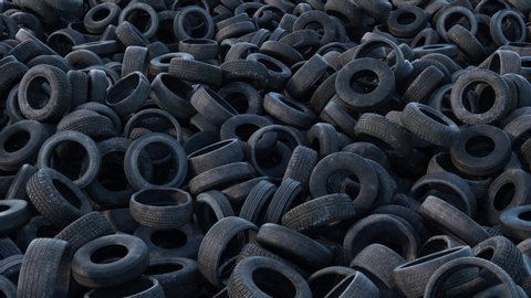 Pile of old car tyres storage. Stack of used tires junkyard. Heap black wheels ecology hazard. Environment disaster concept.   