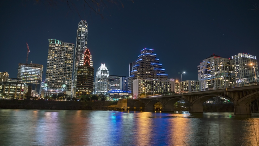 Time Lapse of Famous Austin Texas Skyline at Night from Lake