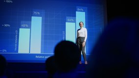 On-Stage Successful Female Speaker Presents Technological Product, Uses Remote Control for Presentation, Showing Infographics, Statistics Animation on Screen. Live Event. Press Conference - Powered by Shutterstock - Get 15% off with code: PIKWIZARD15