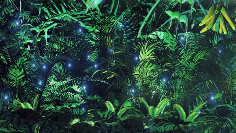 Plasma small lights fly over tropical plants. Fireflies soaring in the night. Mystical atmosphere. Wind sways the branches of plants. 3D render