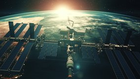 Close up ISS flying over Earth globe atmosphere. International Space Station discovery realistic planet. Sci progress concept. 3d render animation. 4K. Elements of this image furnished by NASA - Powered by Shutterstock - Get 15% off with code: PIKWIZARD15