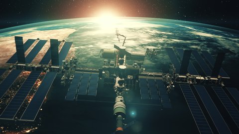 Close up ISS flying over Earth globe atmosphere. International Space Station discovery realistic planet. Sci progress concept. 3d render animation. 4K. Elements of this image furnished by NASA