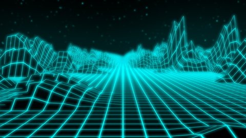 Fly through Retro 80s Landscape Low Poly Neon Mountains and Stars - 4K Seamless Loop Motion Background Animation