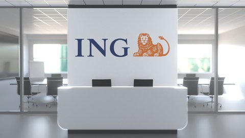 Logo of ING on a wall in the modern office, editorial conceptual 3D animation