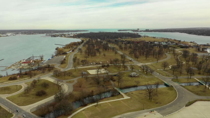 Aerial video Belle Isle Michigan Detroit River