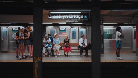 People at the Brooklyn Bridge subway station, NYC. USA 2019