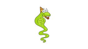 Funny snake in festive cap at party blowing pipe and lets off fireworks cheerful cartoon cute comic character. Seamless loop animation colorful video footage 2D illustration 