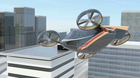 Black Passenger Drone (flying car) land to drone Port. 3D rendering animation.