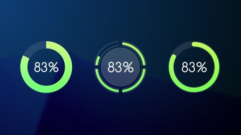Set of three radial or circular Progress Bars. Green colored template. Procent indicator. Modern motion graphics. Flat style. Bright and simple UI diagram elements. Isolated on black for Screen Mode.