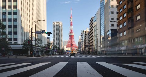January2,2020:Tokyo,Japan:Time-lapse view of business area street with view of Tokyo Tower in day time. Tokyo famous tourist attraction area.Tokyo Olympic 2020 4K UHD video of Tokyo city in japan