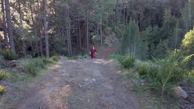 Pretty smiling girl runs towards camera in forest during sunset in slow motion