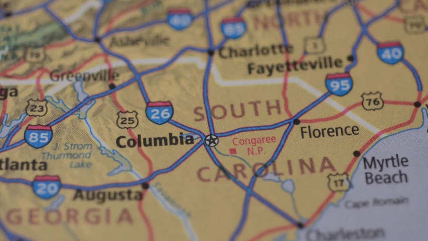 Close up view on road map with marker, around the city of Columbia, USA