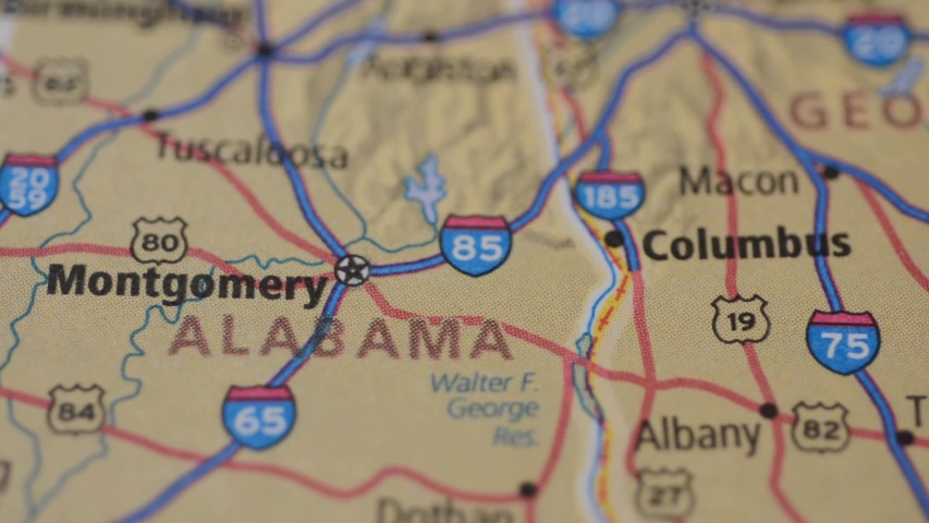 Close-up view on the road map with marker, around the city of Montgomery, USA