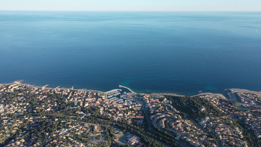 mediterranean coast aerial view of sausset les pins blue sky calm sea france sunset