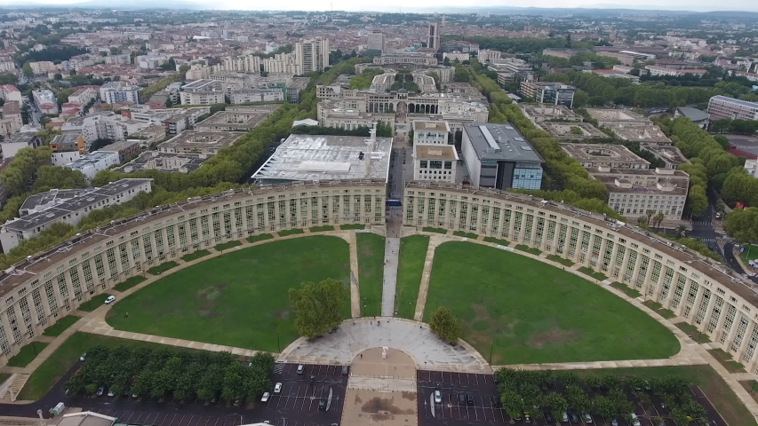 semi circular building architecture france montpellier by drone aerial view