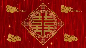 Lunar New Year, Spring Festival background with Double Happiness, simbol, clouds, glittering stars. Chinese new year red paper backdrop for event. 3D rendering animation. Seamless loop 4k video