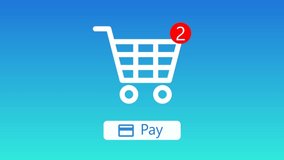 2D animation of the concept of buying something online and then paying for your purchase with a credit card.