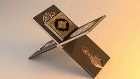 Quran Book. This stock motion graphics video features the Quran, the sacred book of people with Islamic belief. The Quran is placed on the rehal, or the Quran stand. Use this clip for presentations