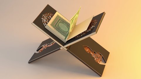 Quran Book. This stock motion graphics video features the Quran, the sacred book of people with Islamic belief. The Quran is placed on the rehal, or the Quran stand. Use this clip for presentations