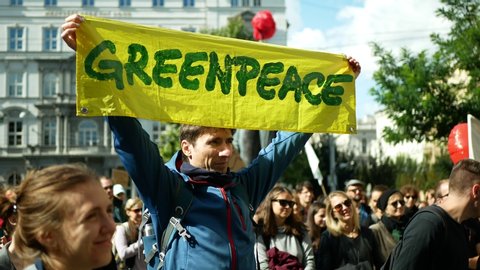 BRNO, CZECH REPUBLIC, SEPTEMBER 20, 2019: Friday for future, demonstration against climate change, banner sign Greenpeace non governmental non profit organization man, student ecology