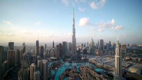 Dubai, United Arab Emirates - 12/31/2019, Burj Khalifa arial view drone shot  