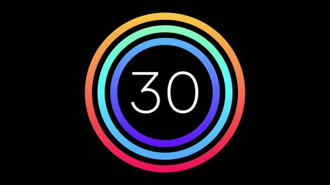 Colourful minimal countdown timer animation from 30 to 0 seconds. Modern flat design with animation on white background. High quality 4K video.