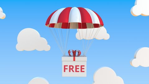 Box with FREE text falls with a parachute. Loopable conceptual 3D animation