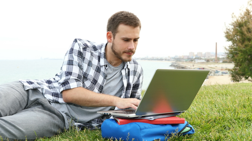 Student makes mistake using a laptop lying on the grass on the beach Royalty-Free Stock Footage #1045149133