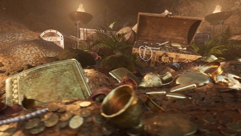 Treasure and hills of jewelry and gold coins in pirate cave