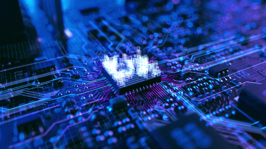 Dark Theme Visualization of Circuit Board CPU Processor Starting Digitalization Process and Information Computing, Processing Bits of Data. Computer Graphics, Special Visual Effects, Animation - Powered by Shutterstock - Get 15% off with code: PIKWIZARD15