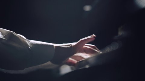 The pianist performs playing a grand piano. Hands close up