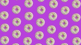 Concept of sweet and junk food. Computer screen saver. Many pulsating moving in right side glazed donuts on purple background, 3d video animation. Back drop with bagles ar doughnuts.