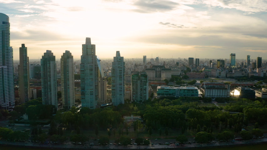 Aerial view of Puerto Madero at sunset. Buenos Aires, Argentina.