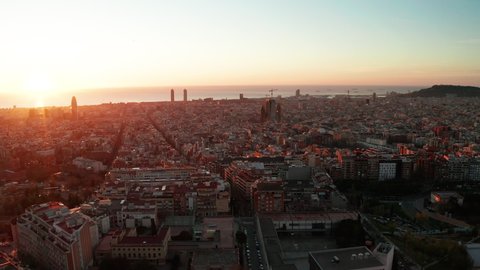 Dawn aerial view of Barcelona with beautiful patterns in Spain.