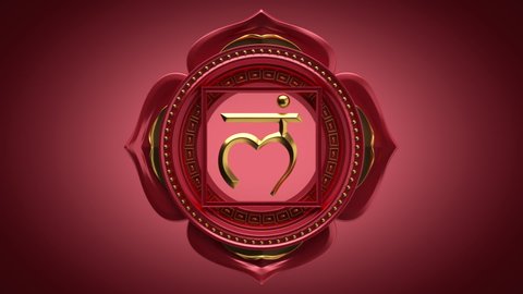 3d root chakra symbol rotating over red background. Seamless animation of spinning buddhist lotus mandala. Looped motion design of magical oriental sacred geometry ornament 