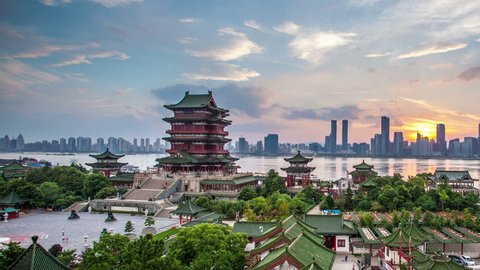 beautiful nanchang tengwang pavilion in sunset ,it is one of the three famous buildings to the south of yangtze river in China ,time lapse photography