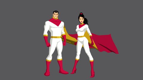 Seamless looping animation of male and female Asian superheroes isolated on grey background.